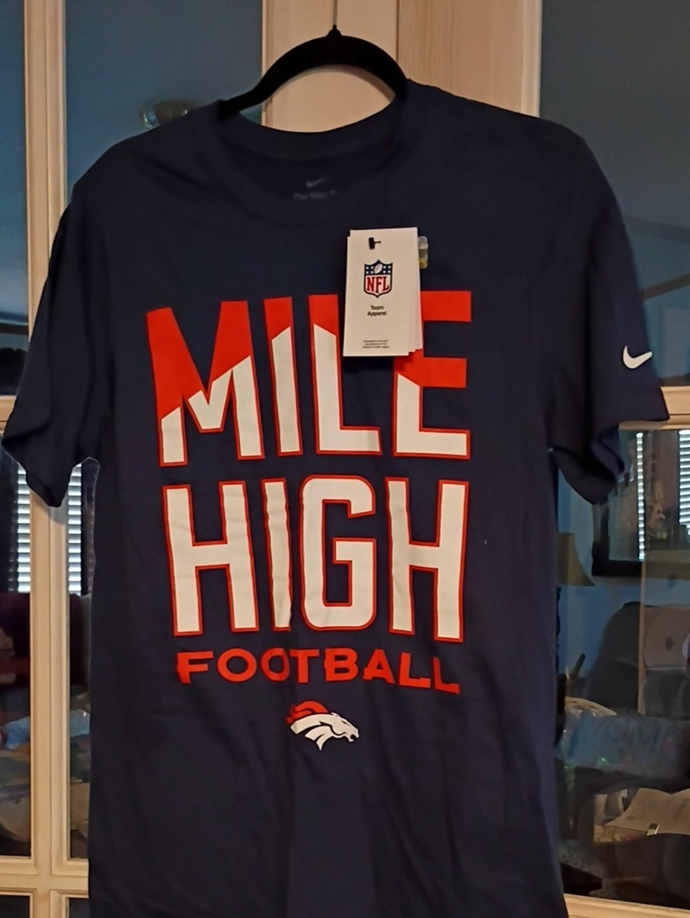Nike Navy 'MILE HIGH' Football Graphic Tee with Orange & White Accents